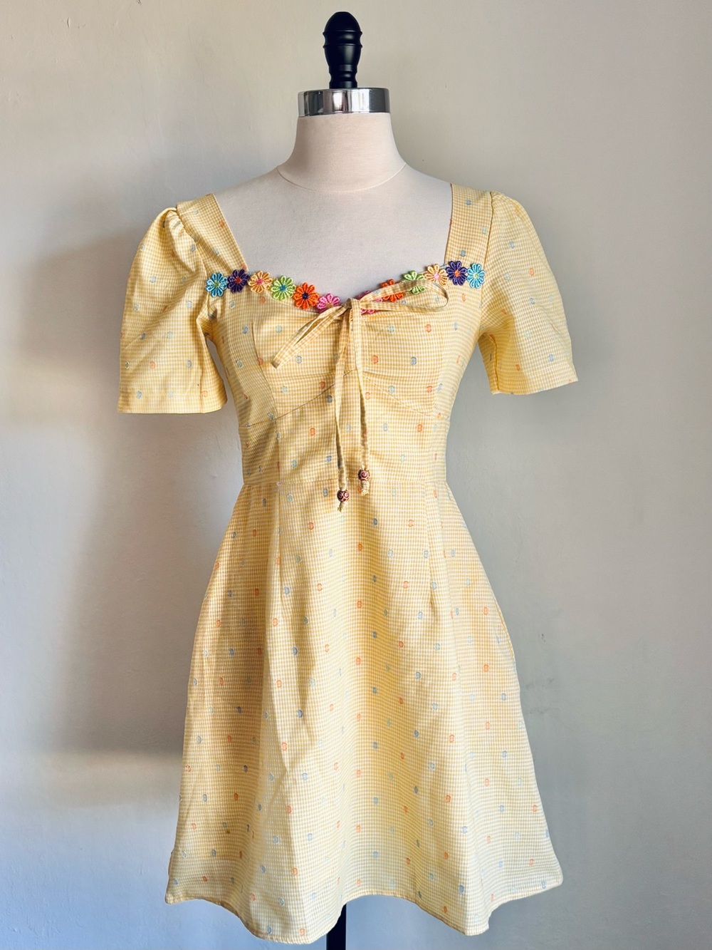 easel Yellow Gingham Mini Dress with Multicolor Flower Trim
